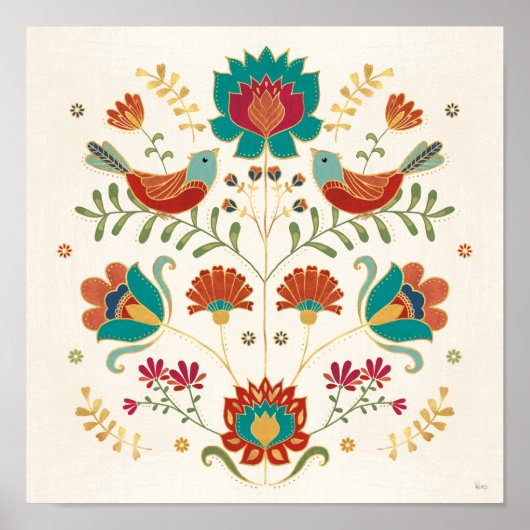 Folk Floral met vogels Poster (Voorkant)
