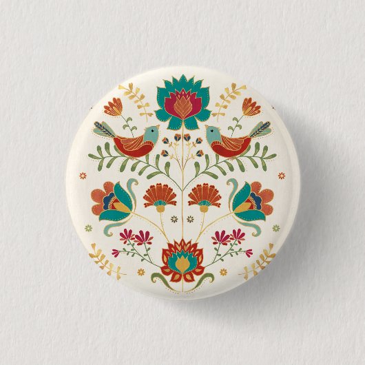 Folk Floral met vogels Ronde Button 3,2 Cm (Voorkant)