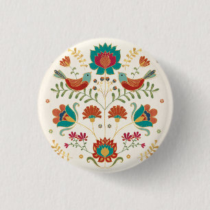 Folk Floral met vogels Ronde Button 3,2 Cm