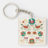 Folk Floral met vogels Sleutelhanger (Voorkant)