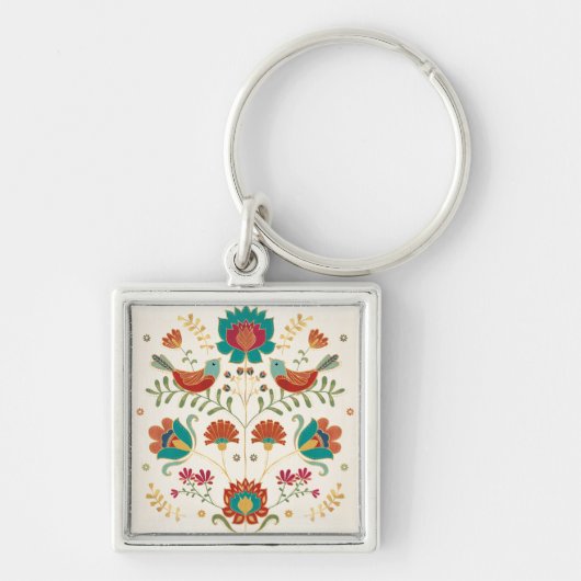 Folk Floral met vogels Sleutelhanger (Voorkant)