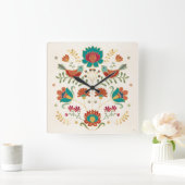 Folk Floral met vogels Vierkante Klok (Huis)
