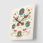 Folk Floral met vogels Vierkante Klok (Hoek)
