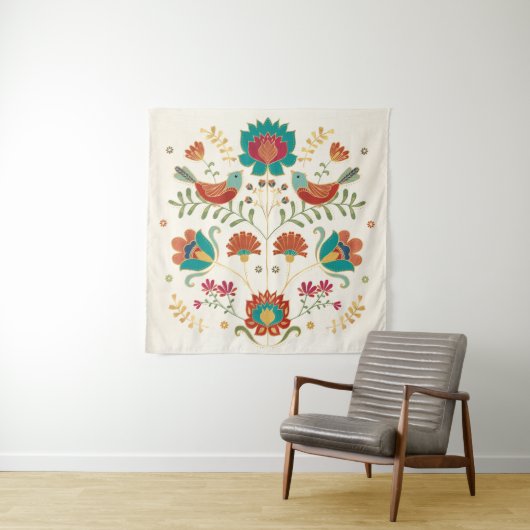 Folk Floral met vogels Wandkleed (In Situ (horizontaal))