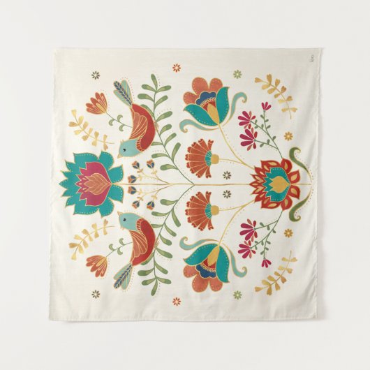 Folk Floral met vogels Wandkleed (Voorkant)