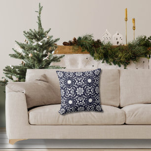 Folk Floral Navy en wit patroon Kussen