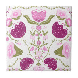 Folk Floral Pattern. Pink & Burgundy Flower Design Tegeltje