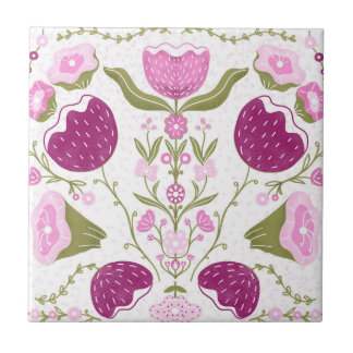 Folk Floral Pattern. Pink & Burgundy Flower Design Tegeltje