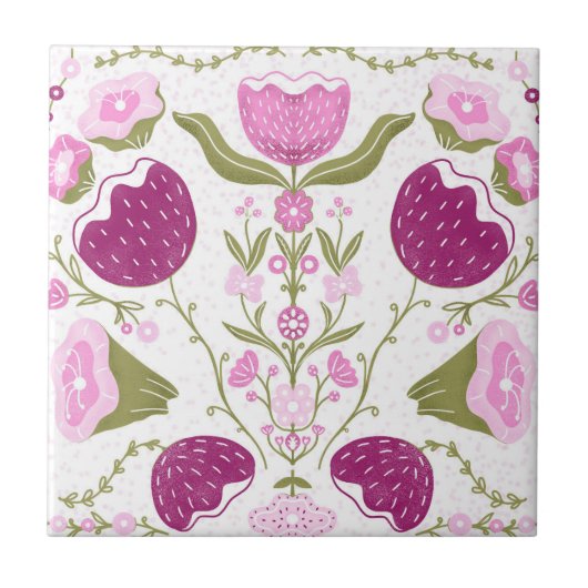 Folk Floral Pattern. Pink & Burgundy Flower Design Tegeltje (Voorkant)