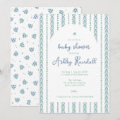 Folk Floral Stripe- Blue- Baby shower Invitation Kaart (Voorkant / Achterkant)