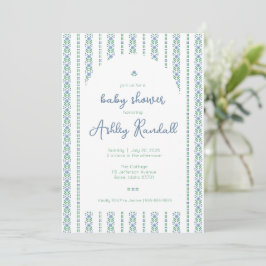 Folk Floral Stripe- Blue- Baby shower Invitation Kaart