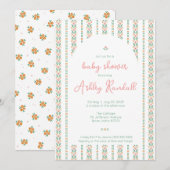 Folk Floral Stripe- Roze- Baby shower Uitnodiging (Voorkant / Achterkant)