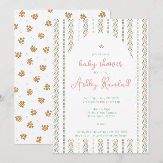 Folk Floral Stripe- Roze- Baby shower Uitnodiging (Voorkant / Achterkant)