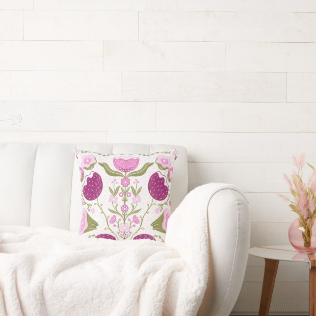 Folk Floral Throw – Pink & Burgundy Botanic. Kussen (Bank)