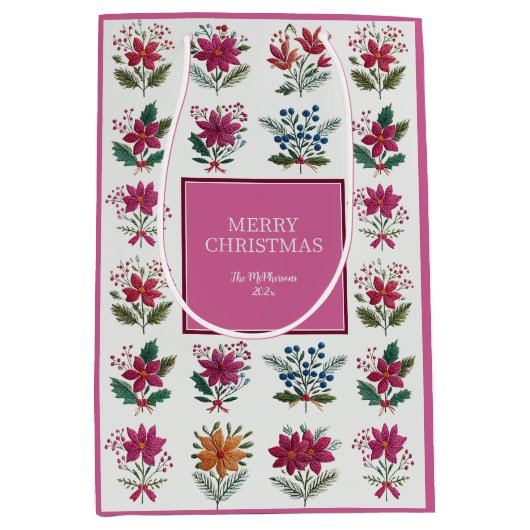 Folk Florals Pink Christmas Medium Cadeauzakje (Voorkant)