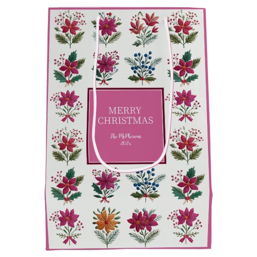 Folk Florals Pink Christmas Medium Cadeauzakje (Achterkant)