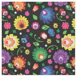 Folk Flowers - bloemenweide in zwart Stof