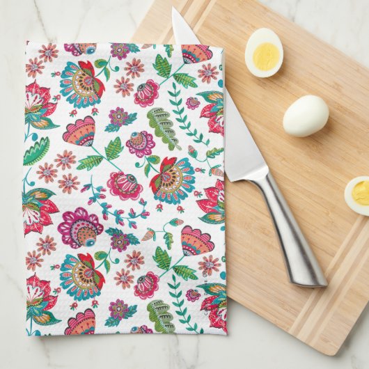 Folk Flowers Floral all-over print Theedoek (Quarter Fold)