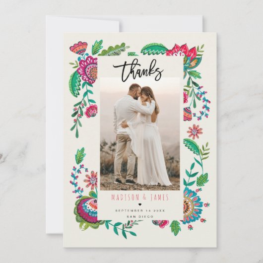 Folk Flowers Hartelijk dank voor uw bruiloft Bedankkaart (Voorkant)