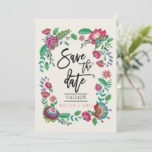 Folk Flowers | Stripe | Datum opslaan | Uitnodigin Save The Date (Staand voorkant)