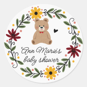 Folk Flowers Teddybeer Babyborrel Ronde Sticker
