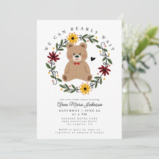 Folk Flowers Teddybeer wacht nauwelijks op Baby sh Kaart (Staand voorkant)