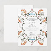Folk Flowers Uitnodiging met blauw detail (Voorkant / Achterkant)