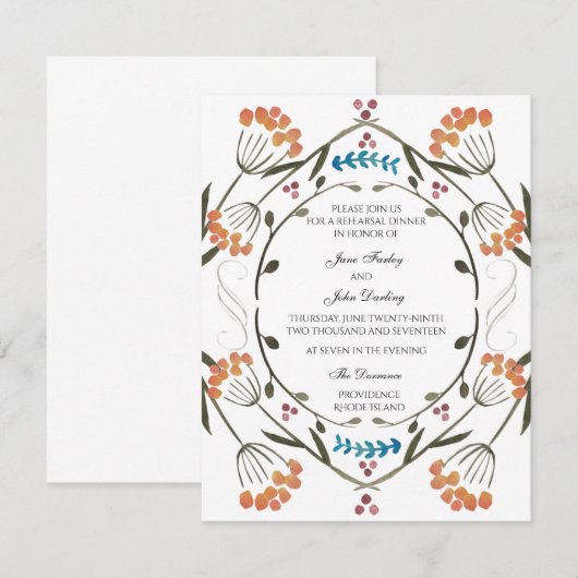 Folk Flowers Uitnodiging met blauw detail (Voorkant / Achterkant)