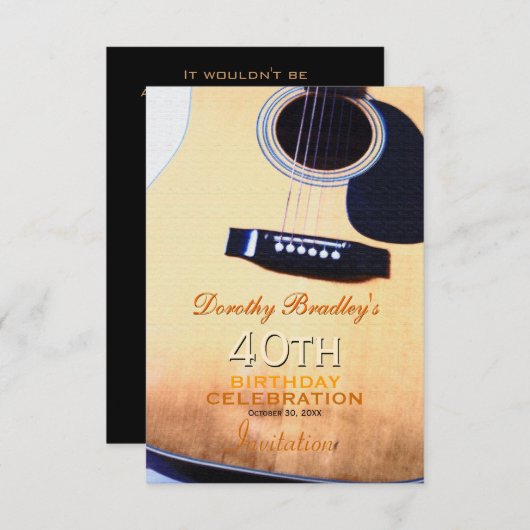 Folk Guitar 40th Birthday Party Custom Invitation Kaart (Voorkant / Achterkant)