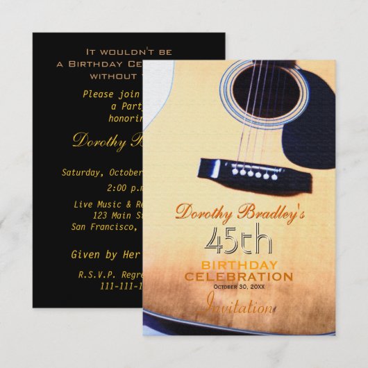 Folk Guitar 45th Birthday Party Custom Invitation Kaart (Voorkant / Achterkant)