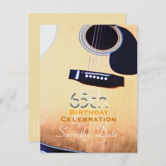 Folk Guitar 65th Birthday Save the Date Briefkaart (Voorkant / Achterkant)