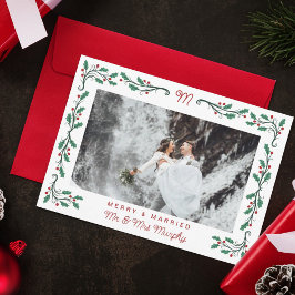 Folk Holly Frame Merry & Married Christmas Photo Feestdagenkaart