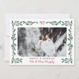 Folk Holly Frame Merry & Married Christmas Photo Feestdagenkaart