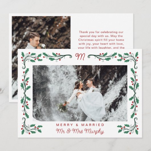 Folk Holly Frame Merry & Married Christmas Photo Feestdagenkaart (Voorkant / Achterkant)
