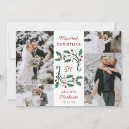 Folk Holly Monogram Getrouwd Kerst 4 Foto's Feestdagenkaart