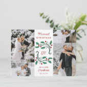 Folk Holly Monogram Married Christmas 4 Photos Feestdagenkaart (Staand voorkant)