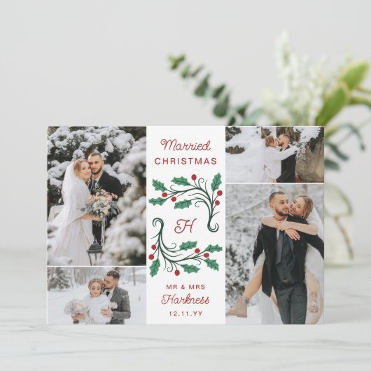 Folk Holly Monogram Married Christmas 4 Photos Feestdagenkaart (Staand voorkant)