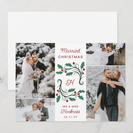 Folk Holly Monogram Married Christmas 4 Photos Feestdagenkaart (Voorkant / Achterkant)