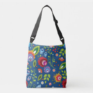 Folk, kleurrijke bloemen op klassiek blauw crossbody tas