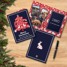 Folk Navy Red Kerstmis Bunny Floral Foto