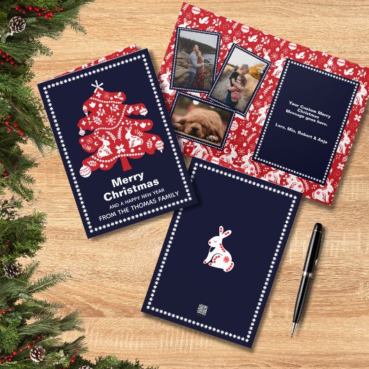 Folk Navy Red Kerstmis Bunny Floral Foto Feestdagen Kaart