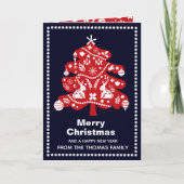 Folk Navy Red Kerstmis Bunny Floral Foto Feestdagen Kaart (Voorkant)