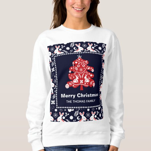 Folk Navy Red Kerstmis Bunny Floral Trui (Voorkant)