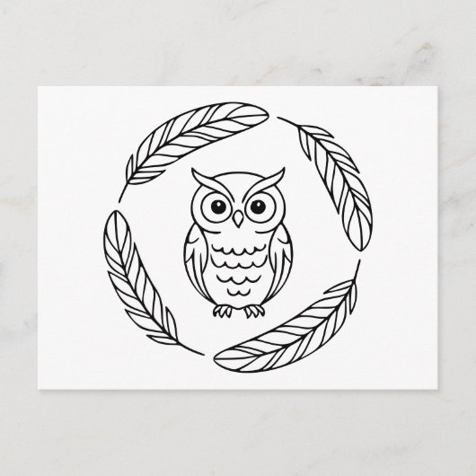 Folk Owl Line Art Surrounded by Feathers Briefkaart (Voorkant)