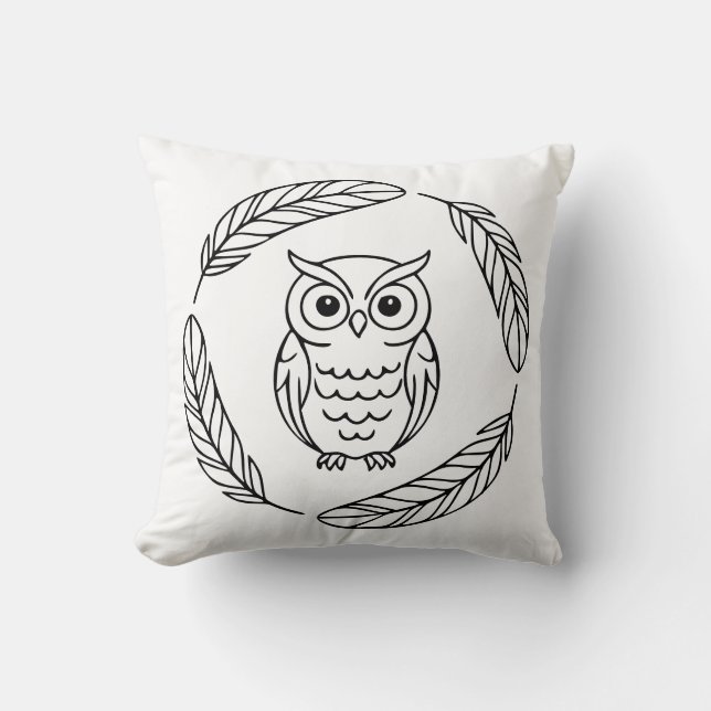 Folk Owl Line Art Surrounded by Feathers Kussen (Voorkant)