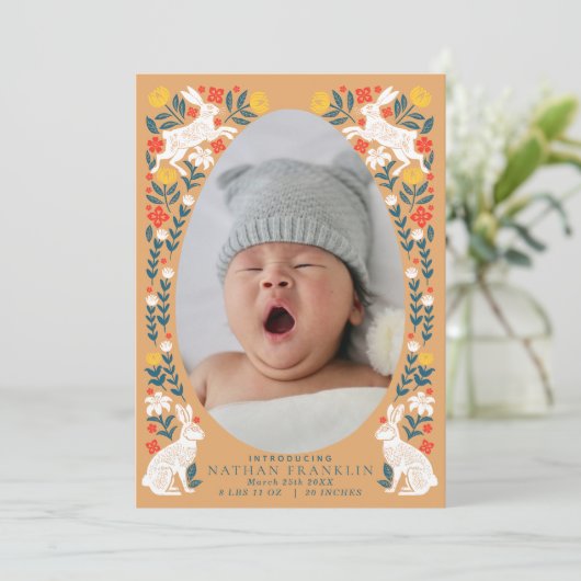 Folk Paasei Baby Foto Geboorte Aankondiging Kaart (Staand voorkant)