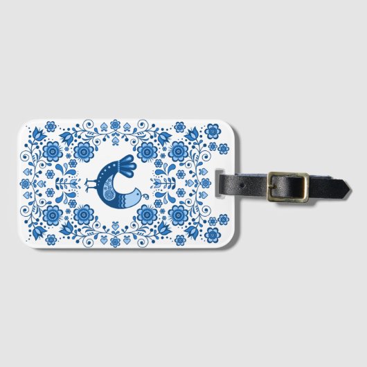Folk Partridge bird floral flower design/white B Bagagelabel (Voorkant (horizontaal))