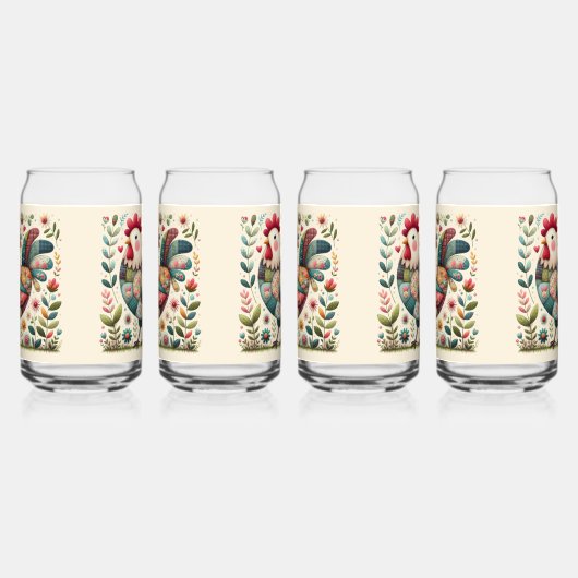 Folk Patchwork Haan met Bloemaccenten Blikvorm Glas (Links)