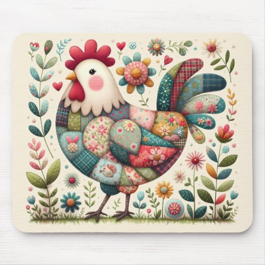 Folk Patchwork Haan met Bloemaccenten Muismat (Voorkant)