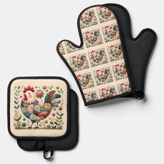 Folk Patchwork Haan met Bloemaccenten Ovenwant & Pannenlap Set (Voorkant / Achterkant)